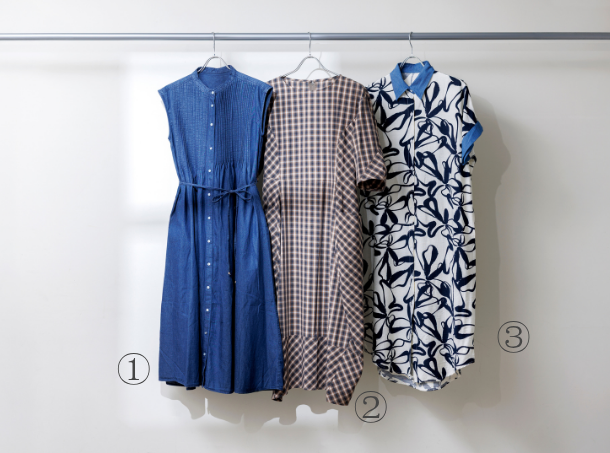 <p style="font-size: 12px; text-align: center;"><span class="blue">さらりと着映える<br />
大人の夏ワンピ</span></p>
<p style="font-size: 13px;"><span class="black">今から秋のはじめまで活躍する、インディゴブルーやブラウン系のワンピース。体のラインを拾わないシルエットで、リラックス感のある着心地が魅力です。</span></p>
