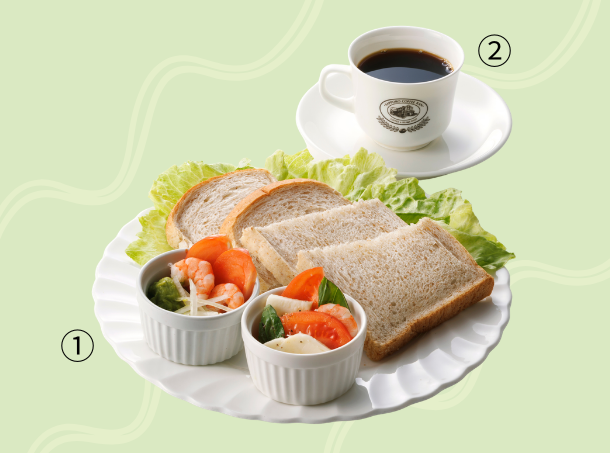 <p style="font-size: 13px;"><span class="green block">①デリ ダブルオープンプレート　840円<br />
②ホットコーヒー<br />
　〈単品〉550円〈セット〉420円</span></p>
