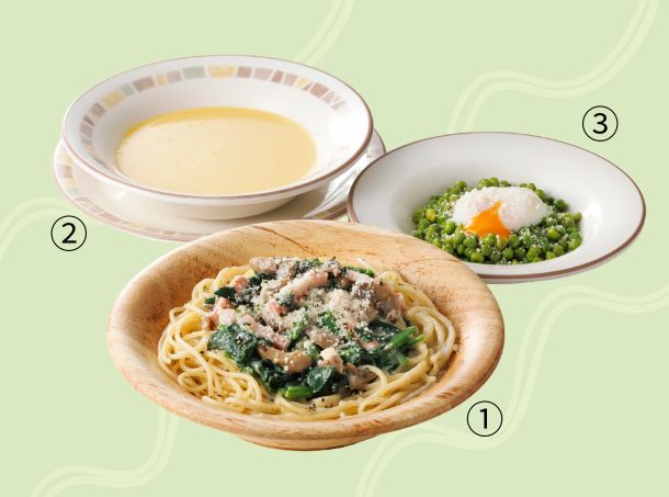 <p style="font-size: 13px;"><span class="green block">①きのことほうれん草の<br />
　クリームスパゲッティ　600円<br />
②コーンクリームスープ　150円<br />
③柔らか青豆の温サラダ　200円</span></p>
