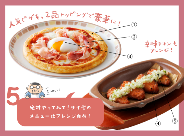 <p class="small"><span class="orange block">①バッファローモッツァレラのマルゲリータピザ 400円</span><span class="orange block">②ハモン・セラーノ 320円</span><span class="orange block">③トッピング半熟卵 50円</span><span class="orange block">④辛味チキン 300円</span><span class="orange block">⑤トッピング野菜ソース 100円</span></p>